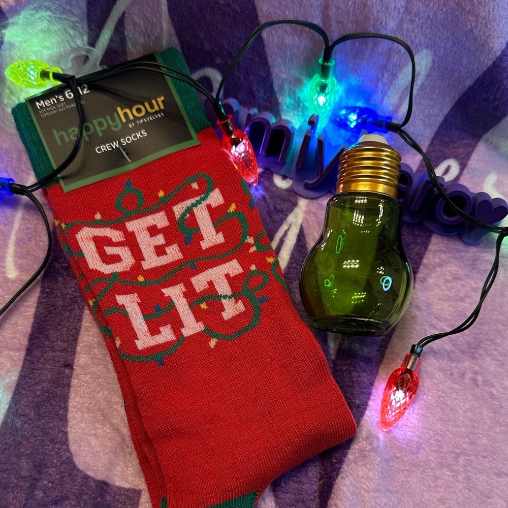 Tipsy Elves Get Lit! Socks with Green Christmas Bulb shot glass